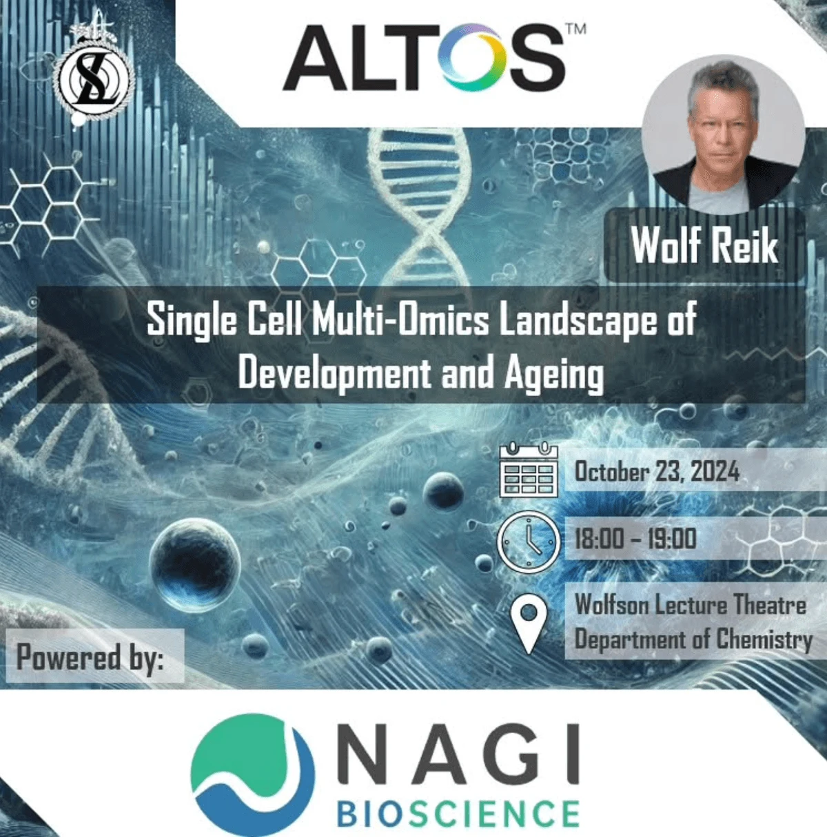 Single cell multi-omics landscape of development and ageing, Wolf Reik. 23 October 2024, 18:00–19:00. Wolfson Lecture Theatre, Department of Chemistry. Original archived event poster.