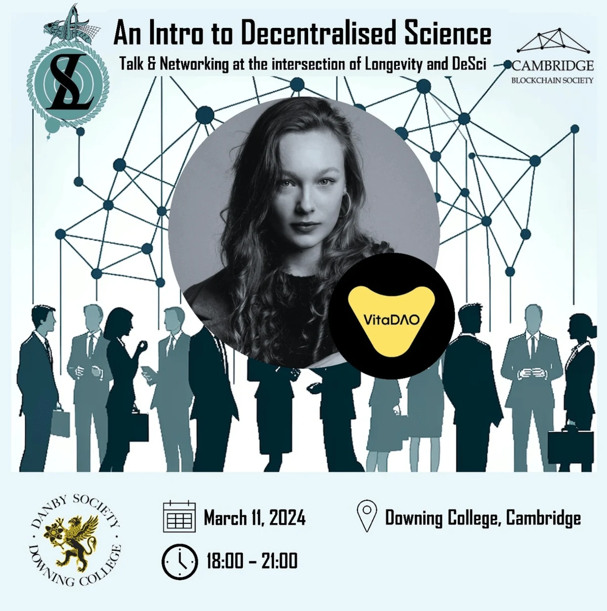 An intro to decentralised science. 11 March 2024, 18:00–21:00. Downing College, Cambridge. Original archived event poster.