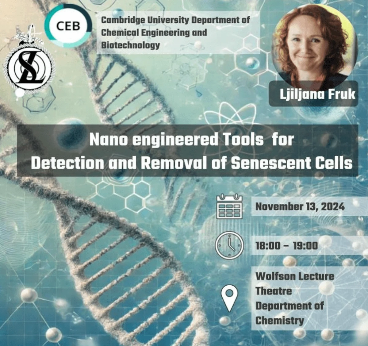 Nano engineered tools for detection and removal of senescent cells, Ljiljana Fruk. 13 November 2024, 18:00–19:00. Wolfson Lecture Theatre, Department of Chemistry. Original archived event poster.